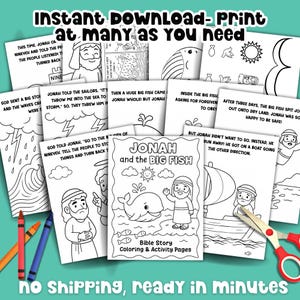 Kid-friendly Jonah and the Big Fish Bible story coloring pages, printable activity pack for Sunday school or homeschool lessons.