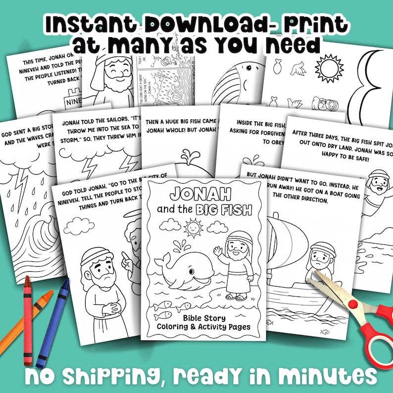 Kid-friendly Jonah and the Big Fish Bible story coloring pages, printable activity pack for Sunday school or homeschool lessons.