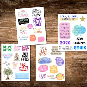 Four printable 2026 Vision Board Words sheets with colorful motivational quotes and affirmations displayed on a wooden background. Phrases include You Have the Power, Grind Harder, I Can and I Will, Good Vibes Only, Read More Books, Find Your Fire, and Spread Kindness. Perfect for vision board crafting, goal planning, and New Year inspiration.