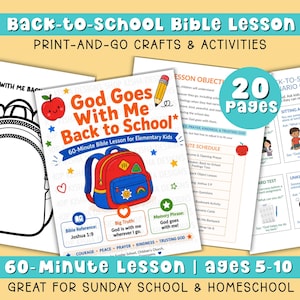 May include: A 20-page back-to-school Bible lesson packet for elementary kids. The cover features a red and blue backpack illustration, a pencil, an apple, and the text God Goes With Me Back to School. Includes lesson objectives and activities.
