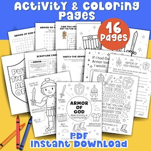 Armor of God Printable Kid Bible Verse Coloring Sheet Bible Scripture VBS Activity Kid Bible Study Guide & Bible Game Crossword Puzzle