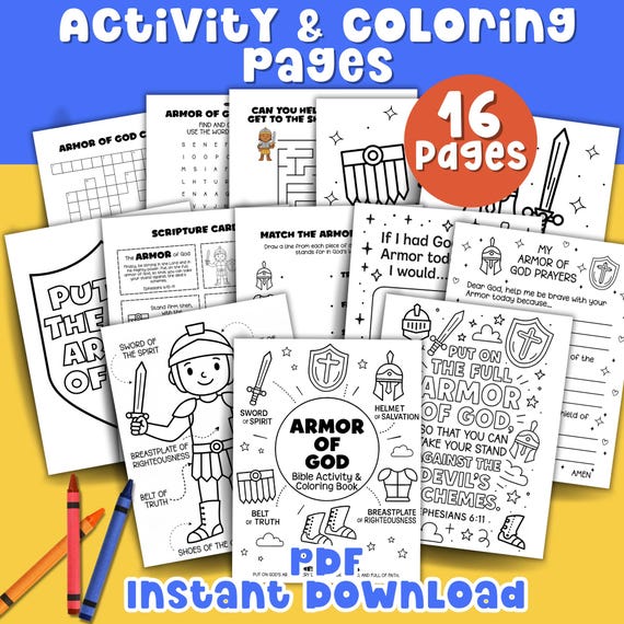 Armor of God Printable Kid Bible Verse Coloring Sheet Bible Scripture VBS Activity Kid Bible Study Guide & Bible Game Crossword Puzzle