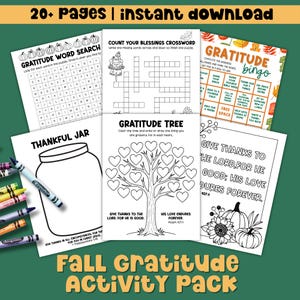 May include: A collection of printable activity sheets featuring a gratitude word search, a crossword puzzle, gratitude bingo, a thankful jar, a gratitude tree with heart shapes, and a scripture coloring page, all with fall-themed illustrations.
