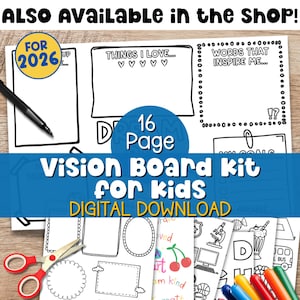 K&ouml;nnte beinhalten: Ein 16-seitiges Vision Board Kit f&uuml;r Kinder als digitaler Download. Das Kit enth&auml;lt Vorlagen mit Aufforderungen wie &bdquo;Dinge, die ich liebe&ldquo; und &bdquo;Worte, die mich inspirieren&ldquo;. Das Bild zeigt auch Scheren, Marker und andere Designelemente.