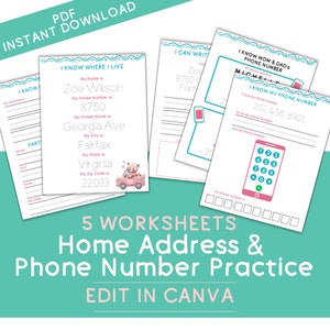 May include: Five printable worksheets for kids to practice writing their home address and phone number. The worksheets feature a pink and blue color scheme with a cute cartoon bear illustration. The worksheets include prompts for writing the child's name, address, and phone number.