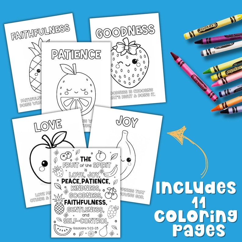 Fruit of the Spirit coloring pages for kids featuring 11 printable Bible verse sheets with cute fruit characters. Christian coloring activity for Sunday School, homeschool, or VBS based on Galatians 5:22–23. Includes pages for love, joy, peace, patience, kindness, goodness, faithfulness, gentleness, and self-control.