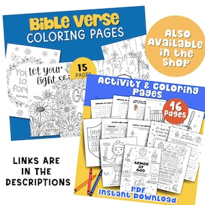 Op de afbeelding: Een verzameling kleurplaten en activiteitenpagina's met bijbelverzen. De kleurplaten bevatten bloemmotieven en inspirerende citaten. De activiteitenpagina's bevatten puzzels en illustraties. De tekst op de afbeelding luidt "Bijbelvers kleurplaten" en "Activiteiten & kleurplaten".