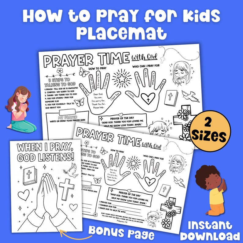 How to pray for kids placemat printable with prayer mat activity sheet, bonus Bible coloring page, and 2 size options shown for Sunday school or church use.