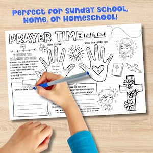 Child writing on printable Christian placemat titled ‘Prayer Time with God.’ Perfect for teaching kids how to pray with Bible activity sheet for Sunday school or home.
