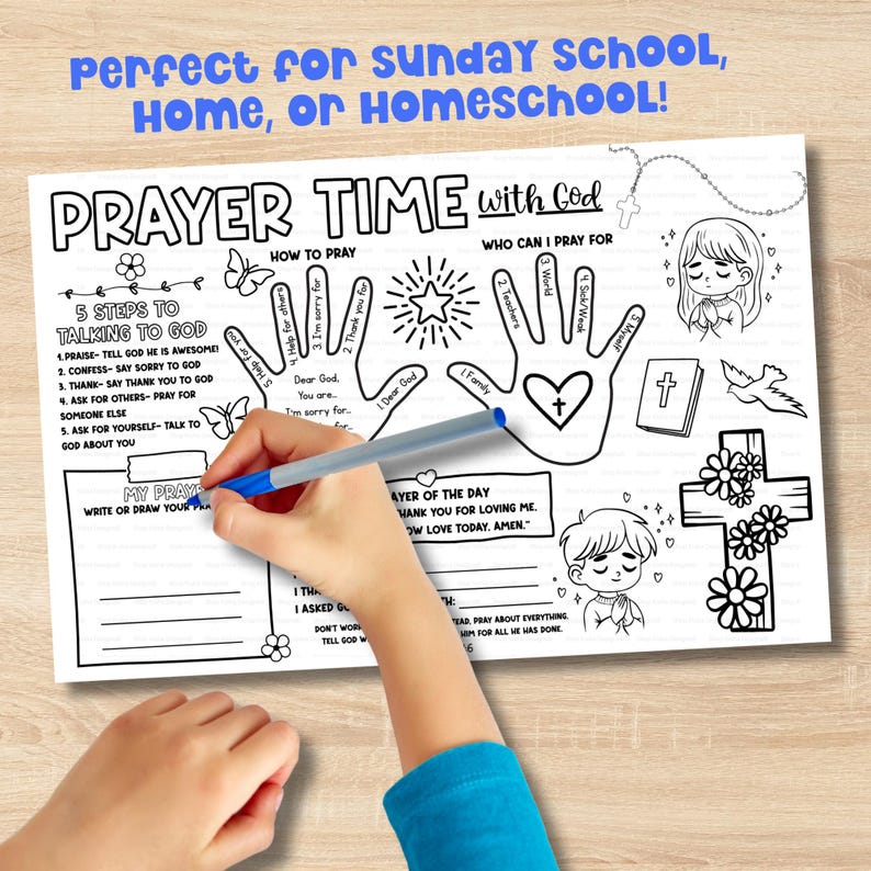 Child writing on printable Christian placemat titled ‘Prayer Time with God.’ Perfect for teaching kids how to pray with Bible activity sheet for Sunday school or home.