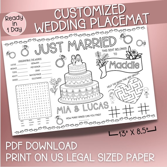 Custom Kid Wedding Activity Coloring Placemat Wedding Table Game Word Search Kid Activity Mat for Rehearsal Dinner Wedding Puzzle Maze Game