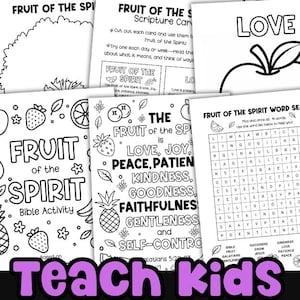 Op de afbeelding: Een zwart-wit Bijbelactiviteitenblad met de tekst "Vrucht van de Geest" en illustraties van fruit. Bevat een woordzoeker, schriftkaarten en kleurplaten. De tekst "Teach Kids" is ook zichtbaar.