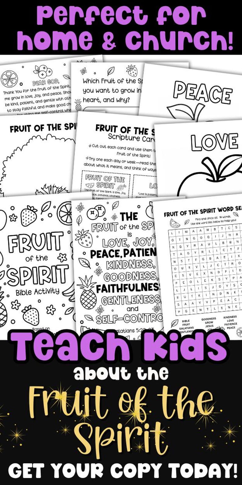 Op de afbeelding: Een zwart-wit Bijbelactiviteitenblad met de tekst "Vrucht van de Geest" en illustraties van fruit. Bevat een woordzoeker, schriftkaarten en kleurplaten. De tekst "Teach Kids" is ook zichtbaar.