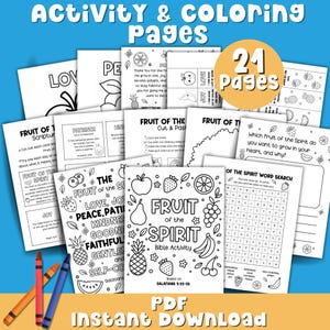 May include: A set of 21 colouring pages with the text "Activity & Colouring Pages". The pages feature various fruits and the phrase "Fruit of the Spirit Bible Activity". Includes a word search and cut-and-paste activities. PDF instant download.