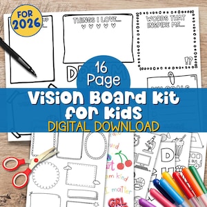 May include: A 16-page vision board kit for kids, featuring printable pages with prompts and templates. Includes a variety of designs, such as frames, and areas for goals and inspiration. The kit is a digital download.