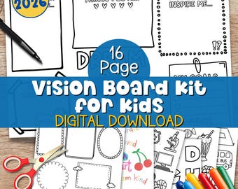Kids Vision Board 2026 Printable Dream Big Ziel Aktivität mit Affirmationen Neujahrsziel Planung Aktivität für Kinder