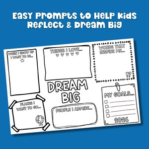 Kids Vision Board 2026 printable Dream Big goal setting worksheet with easy prompts to help kids reflect and dream big. Fun New Year activity for children featuring sections for goals, affirmations, and inspirations to support positive thinking and goal planning.