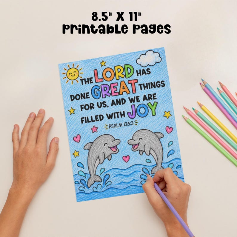 Kids coloring a summer Bible verse coloring page on 8.5 x 11 printable pages with crayons, perfect screen free kids activity for Sunday School, homeschool, and children’s ministry.