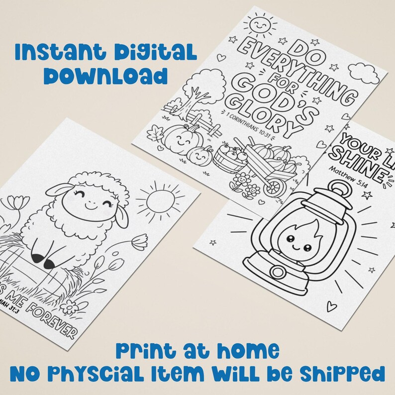 Instant digital download Bible verse coloring pages with printable scripture coloring sheets for kids, including faith based coloring activities to print at home with no physical item shipped.