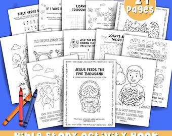 May include: A Bible story activity book with 21 pages, featuring illustrations and activities. The cover reads "Jesus Feeds the Five Thousand." Includes coloring pages, puzzles, and prompts. Text includes "They all ate & were satisfied." and "Instant Download."
