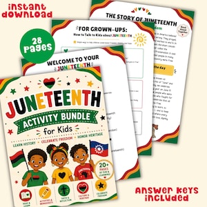 Pode incluir: Um pacote de atividades do Juneteenth para crianças, com uma capa colorida com ilustrações de crianças com bandeiras. O pacote inclui 28 páginas de atividades, folhas de trabalho e materiais de aprendizagem. O texto inclui "Aprenda história, celebre a liberdade, honre a herança."