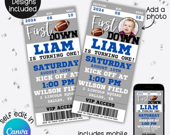 First Down Birthday Party Invitation Boy Editable First Birthday American Football Theme 1st Year Down Football Ticket Invite Baby 1st Bday