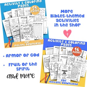 Pode incluir: Dois conjuntos de p&aacute;ginas de atividades e para colorir com o texto "Activity & Coloring Pages" e "More Bibles-themed activities in the shop." Um conjunto tem 24 p&aacute;ginas e o outro 16. As p&aacute;ginas incluem desenhos para colorir e jogos.