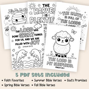 Bible verse coloring bundle with 5 PDF sets included, featuring Faith Favorites, Summer Bible Verses, God’s Promises, Spring Bible Verses, and Fall Bible Verses for printable Christian coloring activities.
