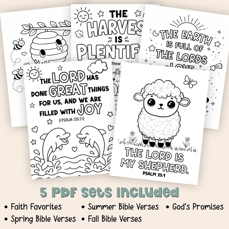 Bible verse coloring bundle with 5 PDF sets included, featuring Faith Favorites, Summer Bible Verses, God’s Promises, Spring Bible Verses, and Fall Bible Verses for printable Christian coloring activities.