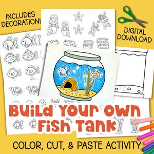 Cut and Paste Fish Bowl Toddler Busy Activity Printable Build a Fish Tank Homeschool Worksheet Fish Coloring Summer Camp Craft Goldfish Bowl