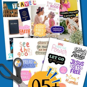 K&ouml;nnte beinhalten: Eine Sammlung von Vision Board-Elementen mit inspirierenden S&auml;tzen und Bildern. Enth&auml;lt S&auml;tze wie &bdquo;Tr&auml;ume gr&ouml;&szlig;er&ldquo;, &bdquo;Finde dein Feuer&ldquo; und &bdquo;Finanzielle Freiheit&ldquo;. Eine Schere ist ebenfalls enthalten.
