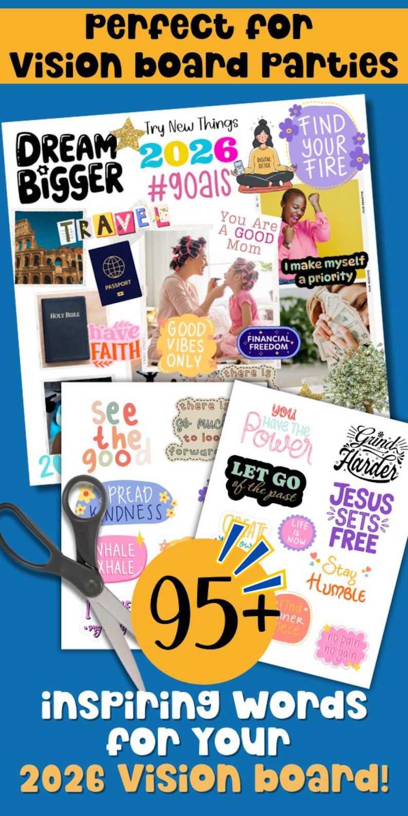 K&ouml;nnte beinhalten: Eine Sammlung von Vision Board-Elementen mit inspirierenden S&auml;tzen und Bildern. Enth&auml;lt S&auml;tze wie &bdquo;Tr&auml;ume gr&ouml;&szlig;er&ldquo;, &bdquo;Finde dein Feuer&ldquo; und &bdquo;Finanzielle Freiheit&ldquo;. Eine Schere ist ebenfalls enthalten.