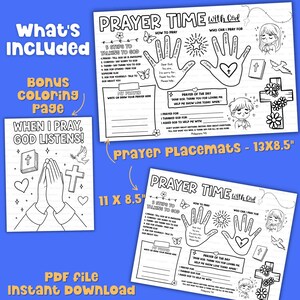 Printable kids prayer activity set with 11x8.5 and 13x8.5 inch prayer placemats and bonus Bible-themed coloring page. PDF file for instant download and church use.