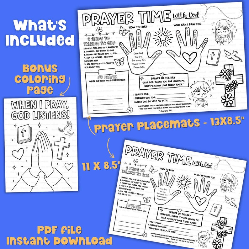 Printable kids prayer activity set with 11x8.5 and 13x8.5 inch prayer placemats and bonus Bible-themed coloring page. PDF file for instant download and church use.
