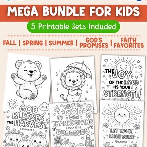May include: A digital collection of 101 Bible verse coloring pages for kids, featuring five printable sets including Fall, Spring, Summer, God's Promises, and Faith Favorites. The graphic displays sample pages with illustrations of a bear, lion, and sun.