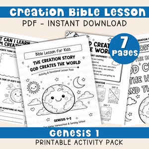May include: A printable activity pack for kids with the title "Creation Bible Lesson." The cover features a smiling Earth, sun, and moon illustrations. The pack includes 7 pages and is designed for home, homeschool, and Sunday school use.