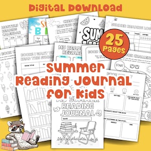May include: A digital download of a summer reading journal for kids. The journal includes 25 pages with various activities, including a reading calendar, writing prompts, and book logs. The cover features a raccoon wearing glasses and reading a book.
