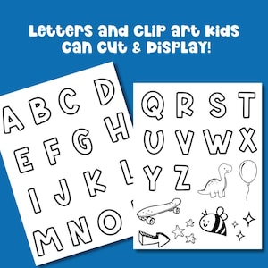 Kids Vision Board 2026 printable alphabet letters and clip art cutouts including dinosaurs, stars, and balloons. Fun creative goal setting activity and New Year craft for children to color, cut, and display on their own kids vision board for goal planning and affirmations.