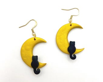 Pendientes de gato y luna / Pendientes de arcilla polimérica / Hechos a mano, divertidos, únicos, bonitos, coloridos, originales, graciosos, divertidos, novedosos / Regalo para ella