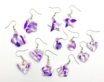 Colección de aretes de lavanda jaspeada / PENDIENTES DE ARCILLA POLIMÉRICA / Hechos a mano, divertidos, únicos, lindos, coloridos, bonitos, impresionantes, hermosos