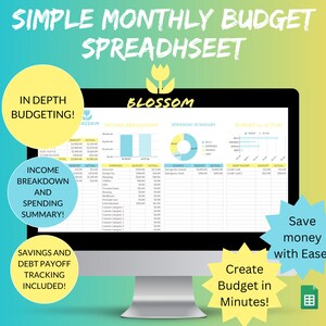 May include: A computer screen displaying a colorful budget spreadsheet template with the title "Simple Monthly Budget Spreadsheet". The spreadsheet includes sections for income breakdown, spending summary, and debt payoff tracking. The template is designed to help users create a budget in minutes and save money with ease.