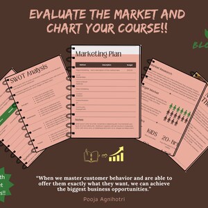 May include: A pink and brown illustrated guide to market analysis and planning. The guide includes sections for competitor analysis, SWOT analysis, marketing plan, market research, target market, and notes and thoughts. The text "EVALUATE THE MARKET AND CHART YOUR COURSE!!" is at the top of the image. The text "BLOSSOM" is in the upper right corner of the image. The text "When we master customer behavior and are able to offer them exactly what they want, we can achieve the biggest business opportunities." is at the bottom of the image. The text "Pooja Agnihotri" is below the quote.