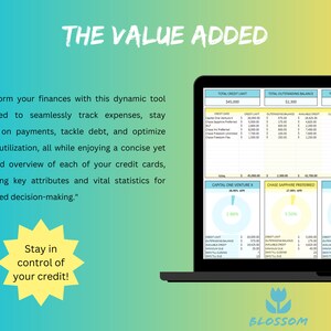 May include: A laptop screen displaying a spreadsheet with credit card information, including credit limits, outstanding balances, and available credit. The spreadsheet is titled "The Value Added" and includes a statement about transforming finances. The screen also shows pie charts representing credit utilization for three different credit cards. The laptop is on a yellow and green background with a flower logo at the bottom.