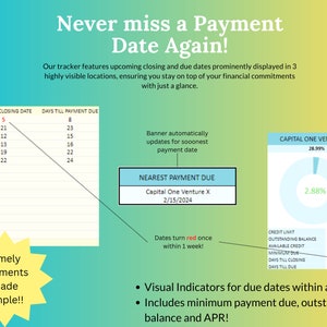 May include: A colorful infographic with the text "Never miss a Payment Date Again!"  The infographic shows a calendar with days till closing date and days till payment due.  A banner with the text "Banner automatically updates for soonest payment date" is shown.  A circle graph with the text "Capital One Venture X 28.59% APR" is shown.  The circle graph has a smaller circle inside with the text "2.88%".  The text "Nearest Payment Due" is shown with the text "Capital One Venture X 2/15/2024" below it.  The text "Dates turn red once within 1 week!" is shown.  The text "Visual Indicators for due dates within a week!" is shown.  The text "Includes minimum payment due, outstanding balance and APR!" is shown.  The text "Timely payments made simple!!" is shown in a yellow star shape.