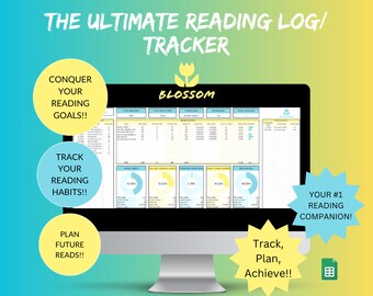 Puede incluir: Una pantalla de ordenador que muestra una hoja de cálculo con un rastreador de registro de lectura. La hoja de cálculo tiene gráficos y diagramas para realizar un seguimiento de los objetivos de lectura, los hábitos y las lecturas futuras. El texto en la pantalla dice "The Ultimate Reading Log/Tracker" y "Track, Plan, Achieve!" La imagen también incluye texto que dice "Conquer Your Reading Goals!!", "Track Your Reading Habits!!", "Plan Future Reads!!", y "Your #1 Reading Companion!"