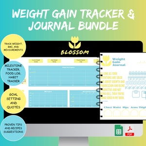 Puede incluir: Un paquete digital de seguimiento y diario de aumento de peso. La pantalla muestra un gráfico de progreso de aumento de peso, IMC y seguimiento de medidas. También se muestra un diario con espiral, con indicaciones para las medidas de pecho, cintura, caderas, brazos y muslos.