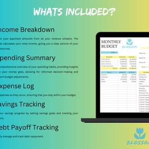 May include: A laptop screen displaying a monthly budget spreadsheet with sections for income breakdown, spending summary, expense log, savings tracking, and debt payoff tracking. The spreadsheet is titled "Monthly Budget" and has a pink flower logo with the word "Blossom" underneath.