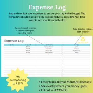 May include: A light blue and yellow printable expense log template with the title "Expense Log". The template includes columns for date, amount, category, and notes. The text "Put overspending to REST!" is in a yellow starburst shape. The text "Easily track all your Monthly Expenses! See exactly where you money goes! Fill out in SECONDS!" is in black text.