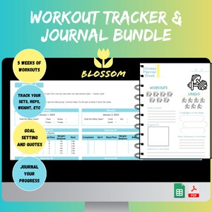 May include: A digital image of a computer screen displaying a workout tracker and journal bundle. The screen shows a blue and white planner with the text "Workout Tracker & Journal Bundle" and "5 Weeks of Workouts". The planner includes sections for tracking sets, reps, weight, goal setting, and journaling progress. The image also shows a PDF icon.