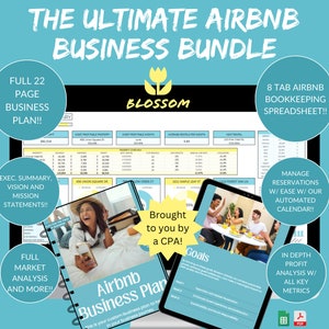 Puede incluir: Un gráfico azul y blanco con el texto "The Ultimate Airbnb Business Bundle" e imágenes de un plan de negocios, una hoja de cálculo y un calendario. El gráfico también incluye el texto "Brought to you by a CPA!"